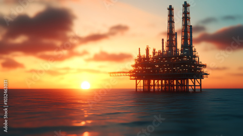 Oil rig silhouetted against a beautiful sunset, creating a dramatic contrast with the sky and sea.