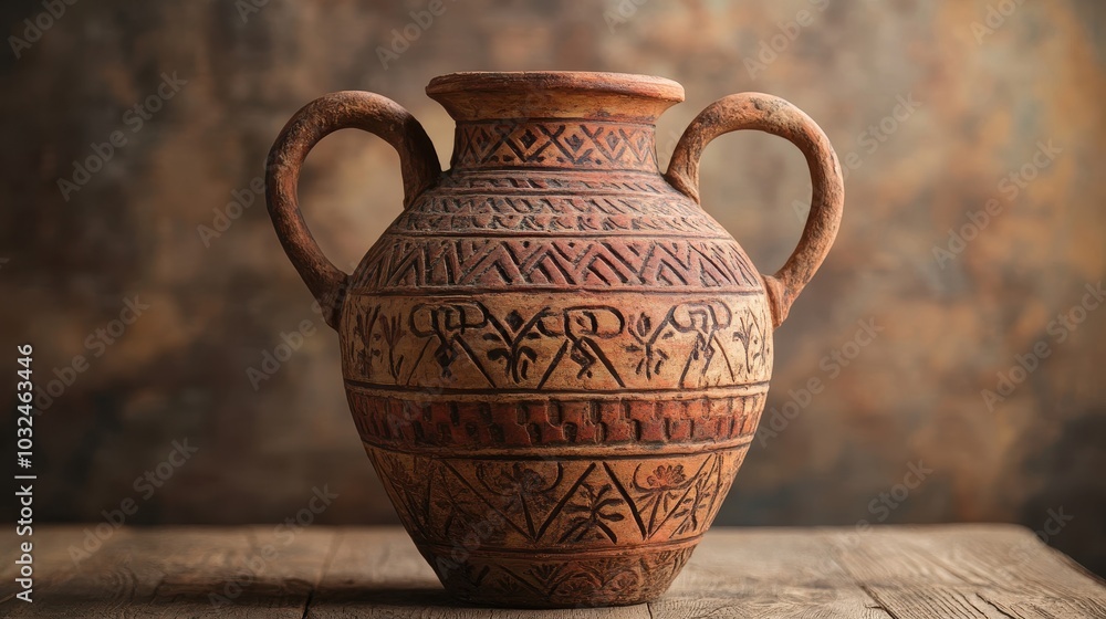 Terracotta amphora with fine geometric patterns and vines softly lit on a wooden table Terracotta amphora with fine geometric patterns and vines softly lit on a wooden table