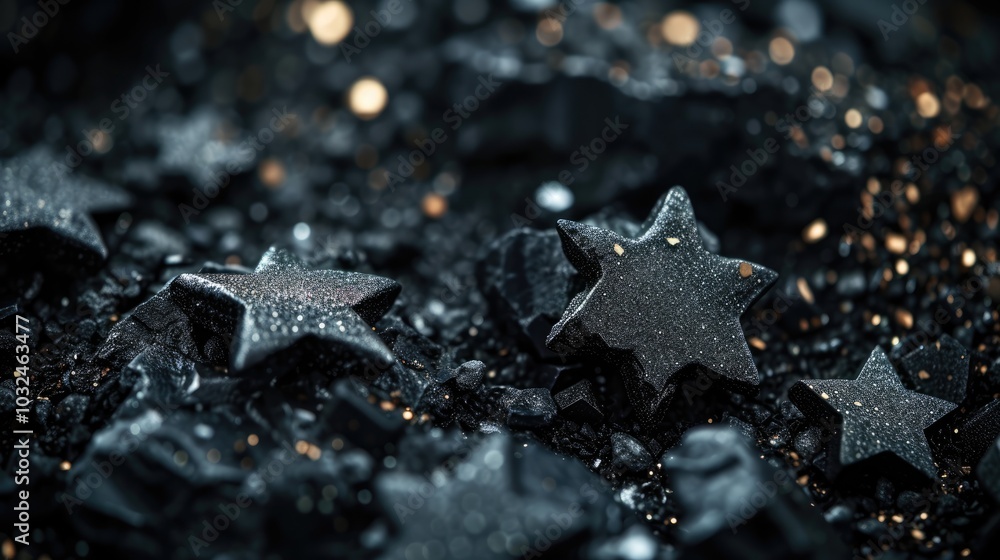Black glitter stars scattered on a dark background with an enchanting sparkle. Black glitter stars scattered on a dark background with an enchanting sparkle.