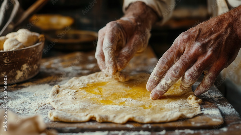 Baker's hands work with dough on a wooden table, spreading flour and shaping a delicious rustic bread in a cozy kitchen environment. Baker's hands work with dough on a wooden table, spreading flour and shaping a delicious rustic bread in a cozy kitchen environment.