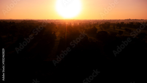 Amazing sunset and sunrise.Panorama silhouette tree in africa with sunset. Dark tree on open field dramatic sunrise.Safari theme.Giraffes , Lion , Rhino photo