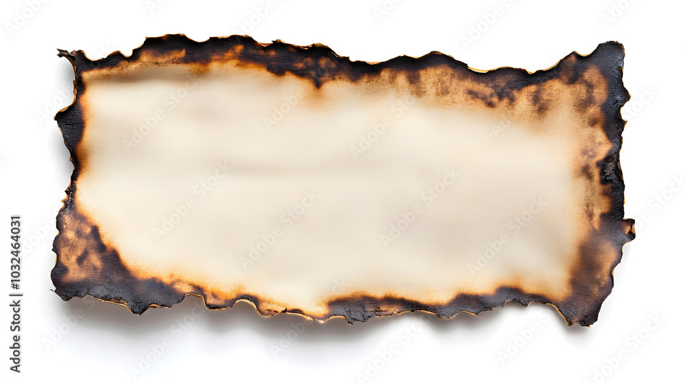 Obraz premium A piece of old parchment paper displaying burnt edges, isolated against a white background