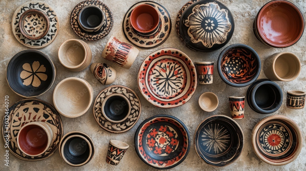 Array of Roman ceramics with earthy colors and hand-painted patterns arranged on stone Array of Roman ceramics with earthy colors and hand-painted patterns arranged on stone