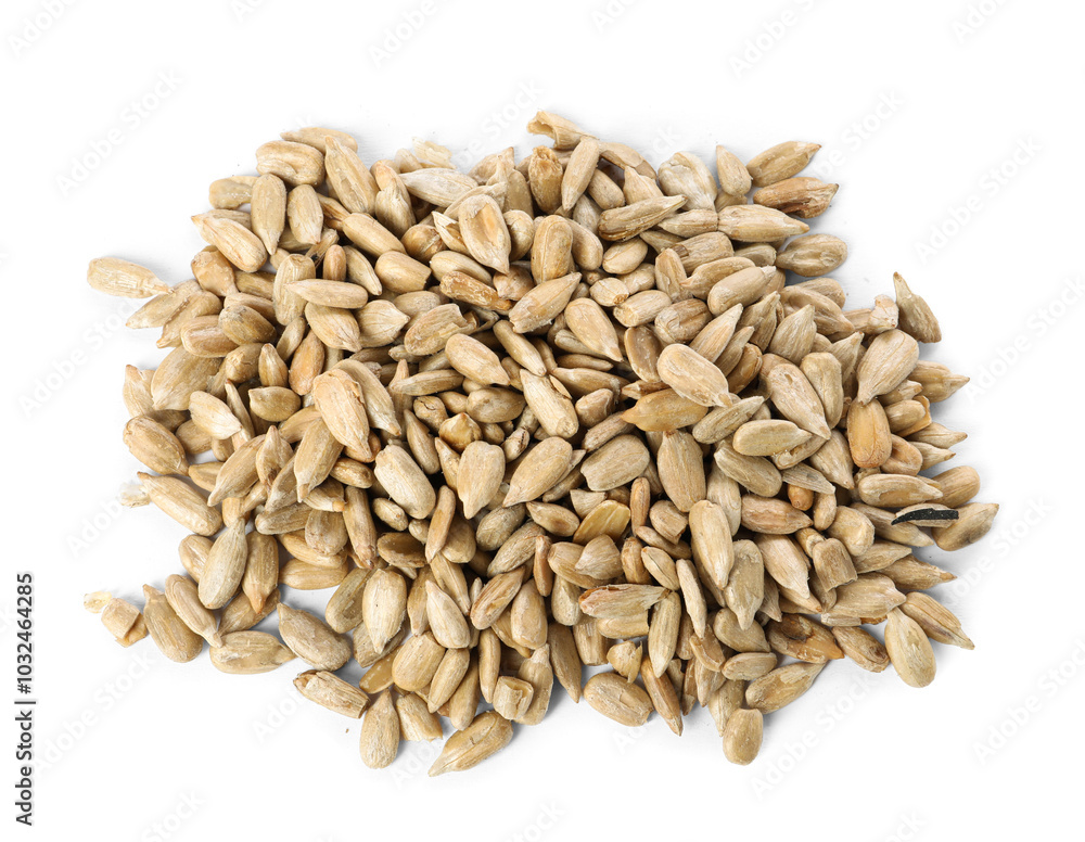 Pile of peeled sunflower seeds isolated on white, top view Pile of peeled sunflower seeds isolated on white, top view