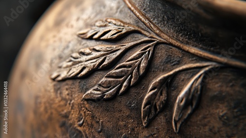 Macro of a Roman jug neck with carved laurel leaves meeting below the lip matte surface