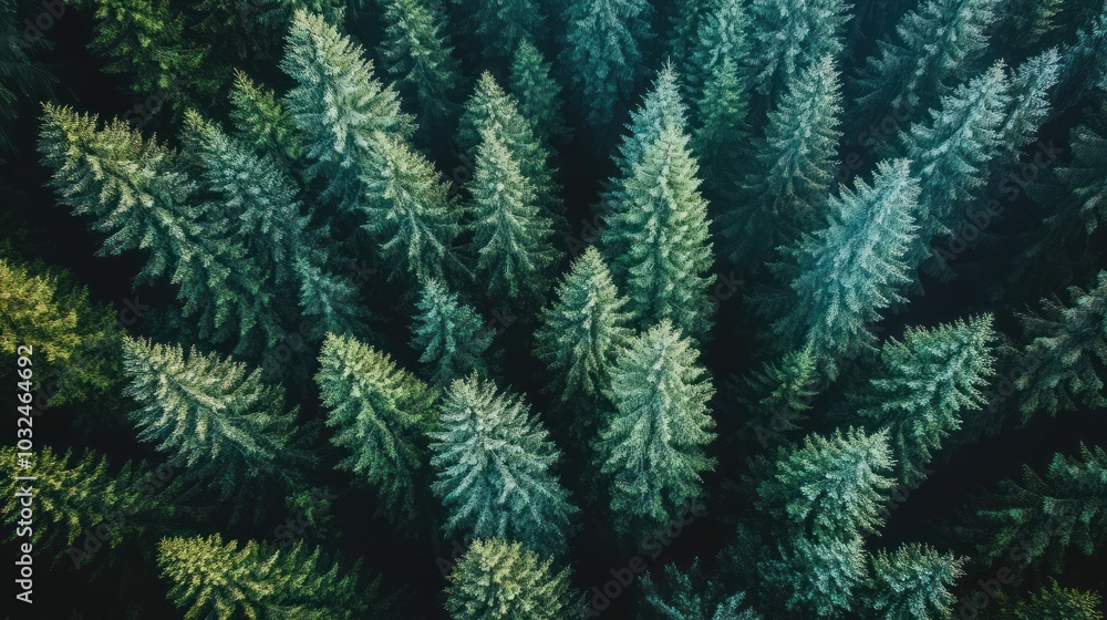 Aerial view of a dense evergreen forest, showcasing a beautiful pattern of coniferous tree tops with varying shades of green. Aerial view of a dense evergreen forest, showcasing a beautiful pattern of coniferous tree tops with varying shades of green.