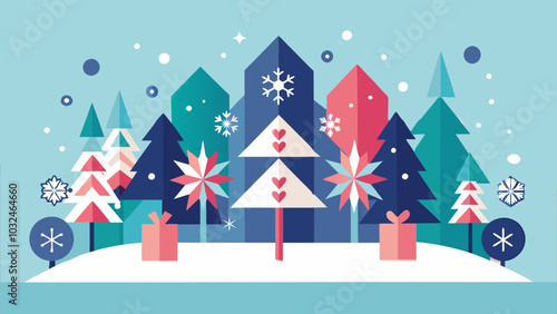 Stylized winter scene with colorful trees, snowflakes, and gift boxes on a light blue background,  all colors changable