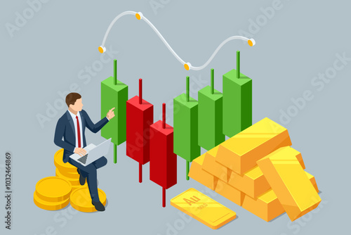 Isometric Investment Precious metals gold or silver. Golden bars. Investing Banking business. Increase in cost of precious metals. Investments in golden securities. Buying aurum ETF