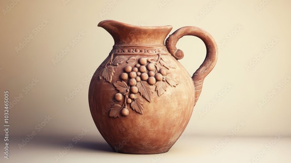 Roman pitcher with carved grape motifs on the neck matte terracotta surface with a few glossy spots soft shadows from natural light Roman pitcher with carved grape motifs on the neck matte terracotta surface with a few glossy spots soft shadows from natural light