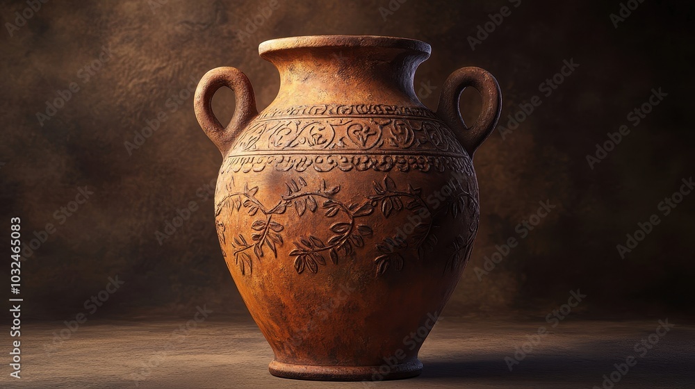 Close-up of Roman jar with etched vines and leaves matte terracotta with signs of wear under bright lighting Close-up of Roman jar with etched vines and leaves matte terracotta with signs of wear under bright lighting