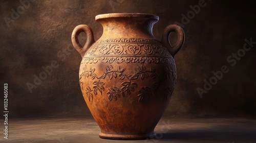 Close-up of Roman jar with etched vines and leaves matte terracotta with signs of wear under bright lighting photo