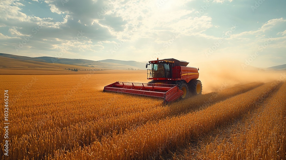 Fototapeta premium A red combine harvester cuts through a golden wheat field, kicking up dust under a bright blue sky.