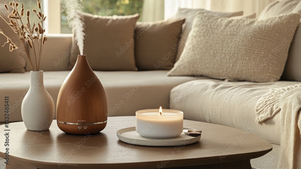A wooden essential oil diffuser and a burning candle on a coffee table in a living room. A wooden essential oil diffuser and a burning candle on a coffee table in a living room.