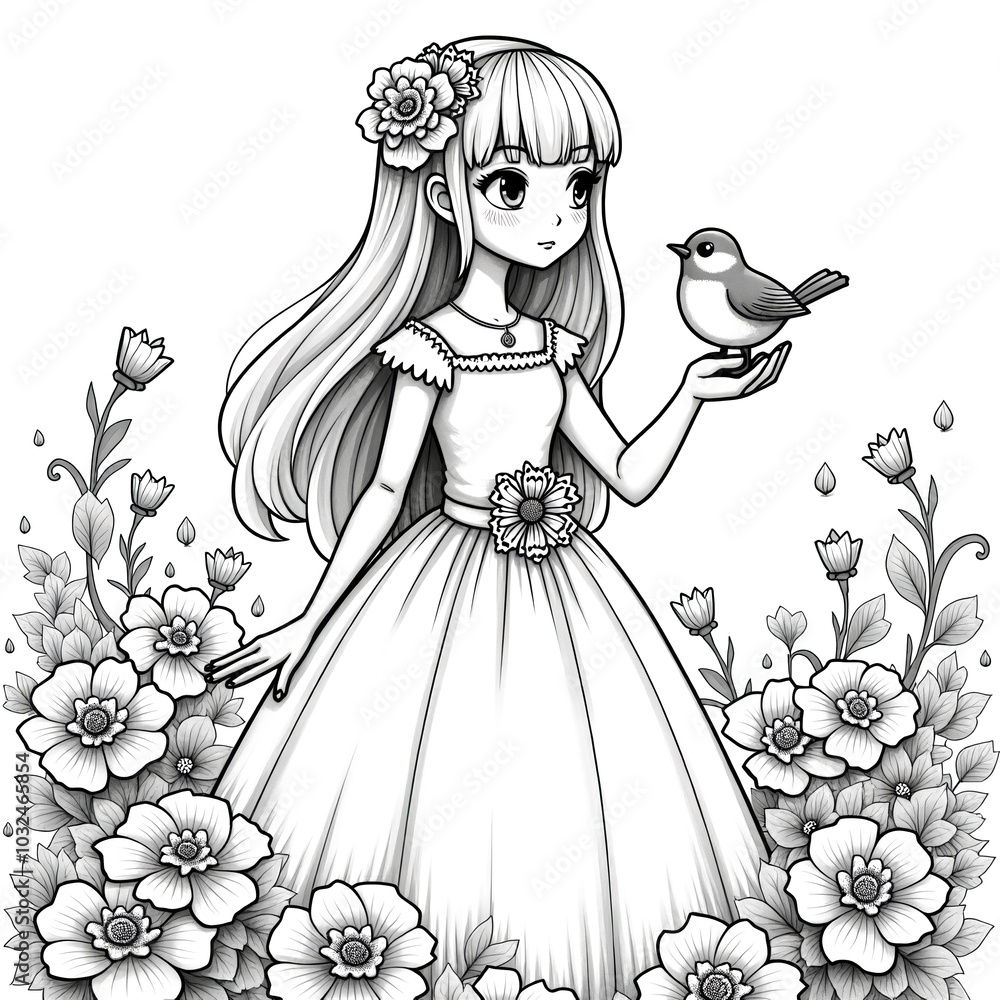 Fototapeta premium Anime Girl with Bird