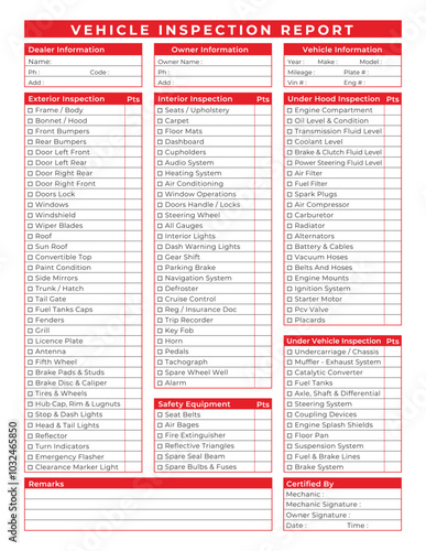 Vehicle Multi-Point Inspection Form. Vehicle Inspection Report Log Book.