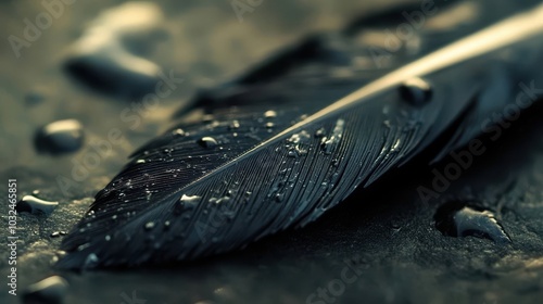 Close-up of quill tip dipped in dark ink with cracks in feather and ink droplets