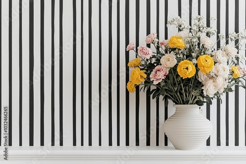 White Vase with Yellow and Pink Flowers Against Black and White Striped Wall