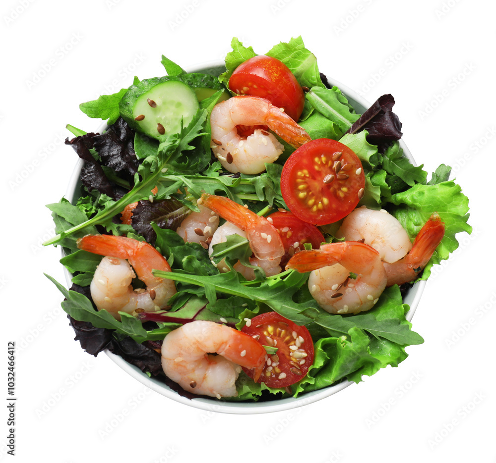 Delicious shrimp salad with vegetables isolated on white, top view Delicious shrimp salad with vegetables isolated on white, top view