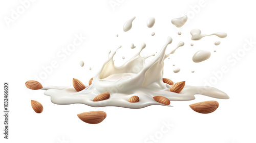 Almond Milk Splash with Nuts for Culinary and Beverage Use isolated on transparent background	
 photo