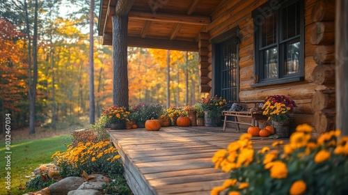 A rustic wooden porch is adorned with colorful flowers and pumpkins, surrounded by a serene forest backdrop showcasing vibrant fall foliage.