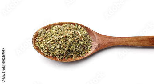 Dried oregano in wooden spoon isolated on white, top view