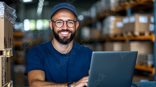 Confident and professional engineer in a blue jumpsuit carefully checking warehouse logistics and using a laptop computer for data analysis and decision making