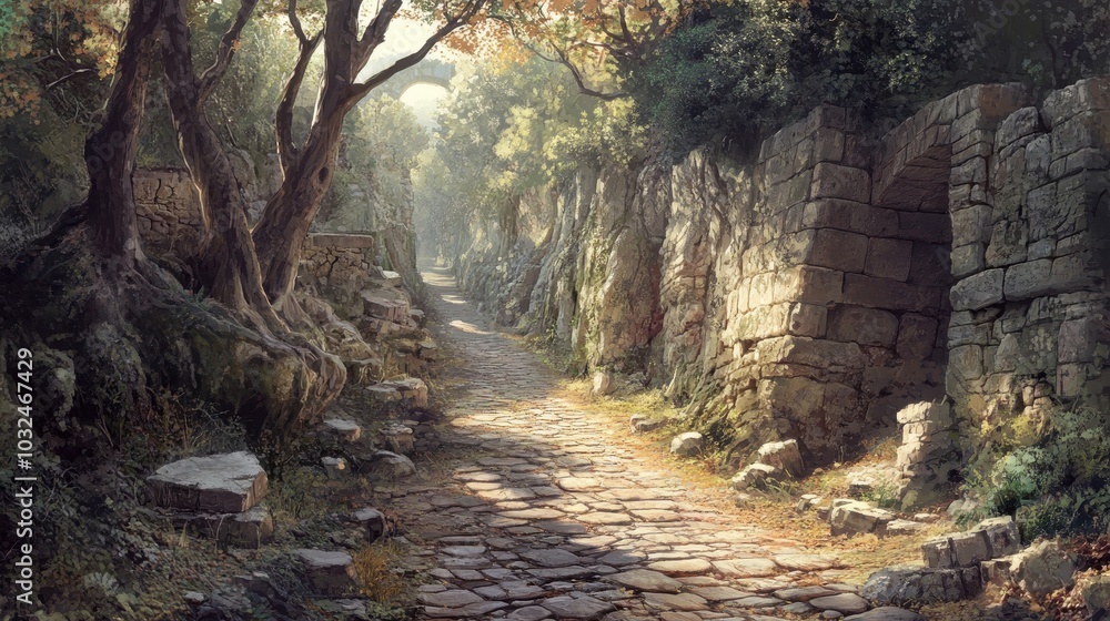 Obraz premium Roman road winding through narrow ravine tall trees and steep rocks dappled light filtering through