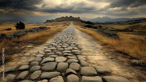 Dusty Roman road through barren plateau sparse vegetation overcast sky with gathering dark clouds