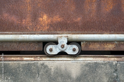 Close-Up a steel door wheel of a rusty steel door fence.	 photo