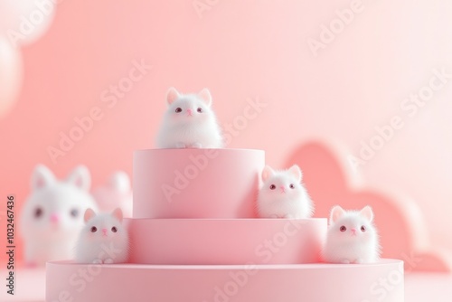 A three-tiered podium in gentle pastel tones, with blurred cute cartoon animals peeking from behind, set against a minimal, soft pink background photo