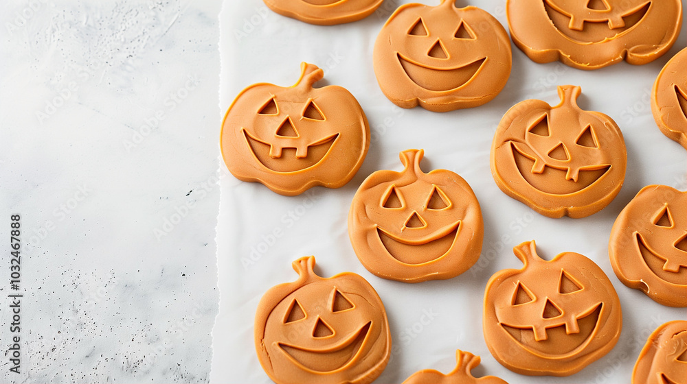 Pumpkin cookies shaped like Halloween jack-o'-lanterns with festive decorations for seasonal treats Pumpkin cookies shaped like Halloween jack-o'-lanterns with festive decorations for seasonal treats