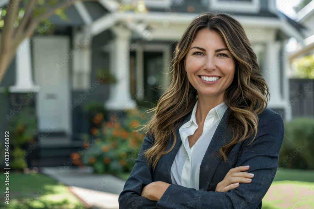 A smiling female real estate agent standing in front of a luxury house with her arms crossed, looking at the camera and smiling. A smiling female real estate agent standing in front of a luxury house with her arms crossed, looking at the camera and smiling.
