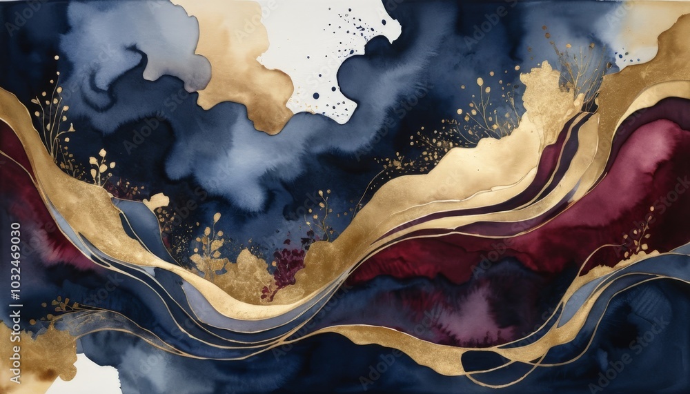 Swirling watercolor waves of deep blue and burgundy blend seamlessly, accented by delicate touches of gold, creating a captivating abstract artwork that evokes emotional depth and beauty Swirling watercolor waves of deep blue and burgundy blend seamlessly, accented by delicate touches of gold, creating a captivating abstract artwork that evokes emotional depth and beauty