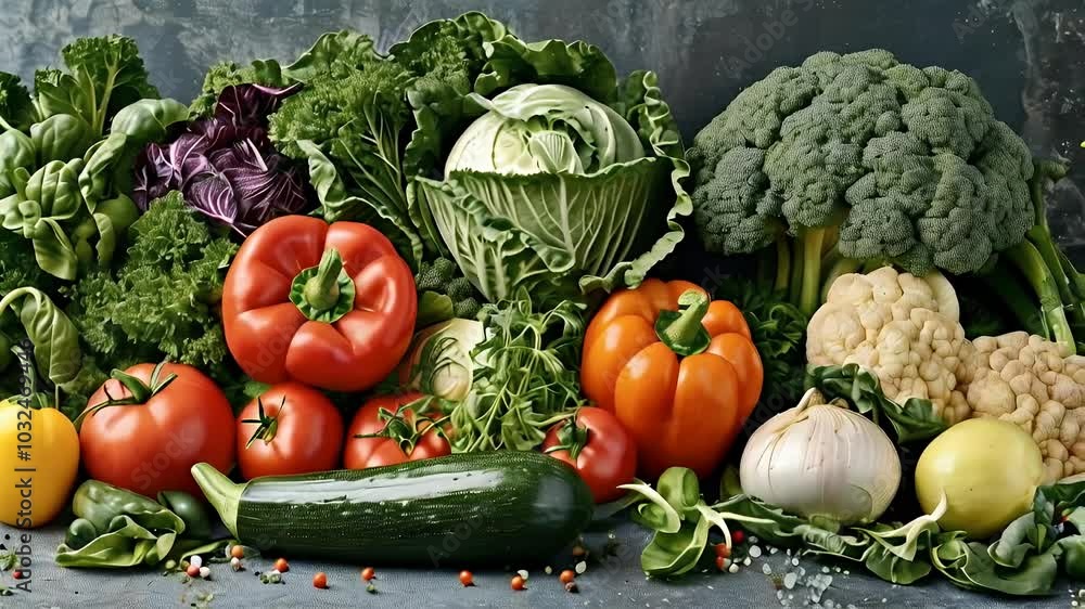 A vibrant mix of fresh vegetables, including tomatoes, peppers, zucchini, broccoli, and cauliflower, displayed on a gray surface. A vibrant mix of fresh vegetables, including tomatoes, peppers, zucchini, broccoli, and cauliflower, displayed on a gray surface.
