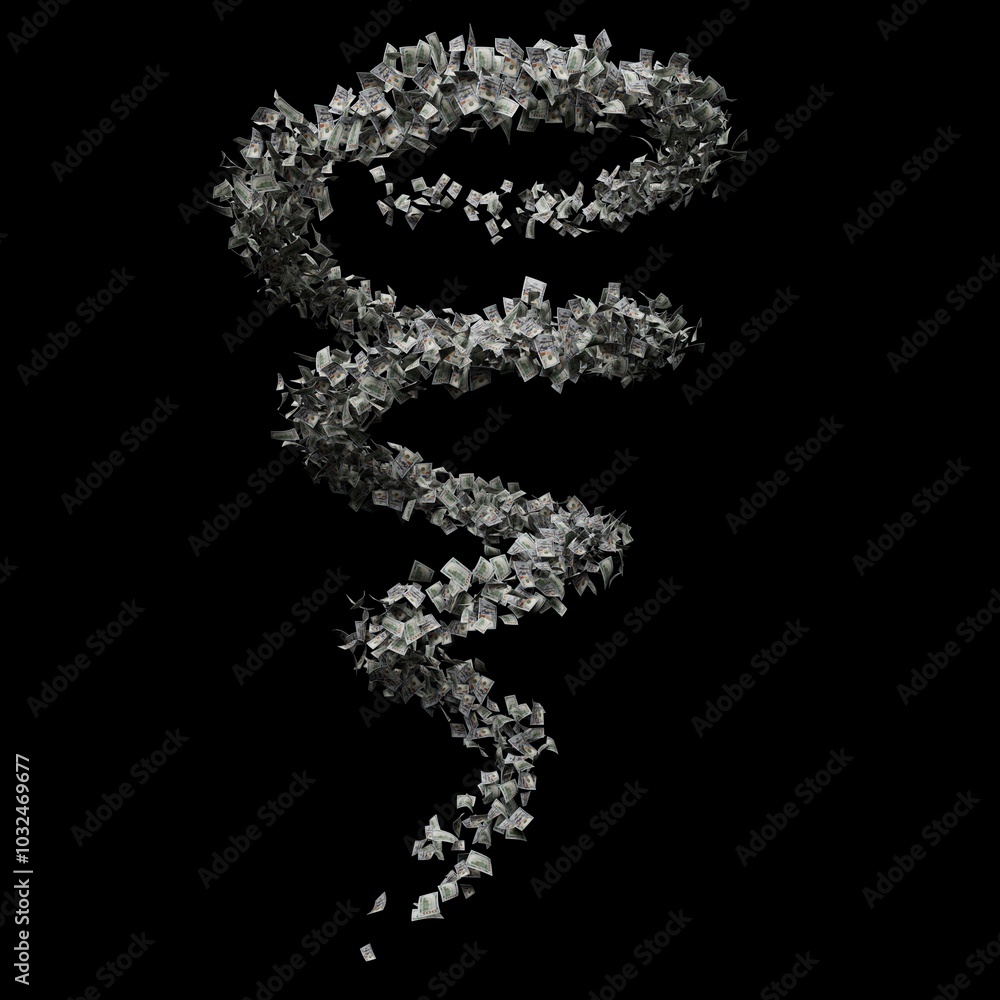 The image shows a 3D vortex resembling a tornado made of numerous realistic banknotes. The bills spiral, creating the effect of a dynamic cash flow on a black background, gradually disappearing. The image shows a 3D vortex resembling a tornado made of numerous realistic banknotes. The bills spiral, creating the effect of a dynamic cash flow on a black background, gradually disappearing.