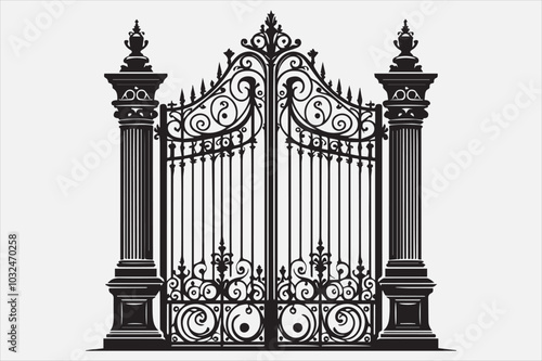 A  iron gate with two tall pillars on each side.