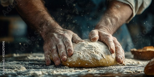 Close-up of hands kneading dough on a floured surface with wooden utensils. Rustic bread-making process captured in warm lighting.