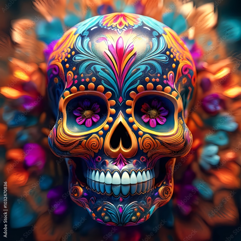 Día de los Muertos sugar skull in vibrant colors and an abstract background. Día de los Muertos sugar skull in vibrant colors and an abstract background.