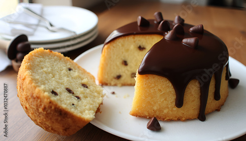 Fatia de panetone com gotas de chocolate (chocotone) em fundo branco para recorte. photo