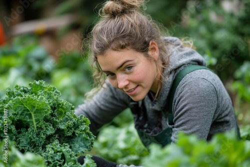 Wallpaper Mural Female gardener picking fresh kale from a vegetable garden, Generative AI Torontodigital.ca