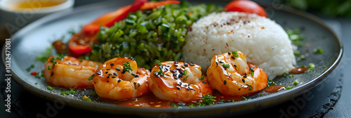 Teriyaki shrimp with a side of rice and vegetables