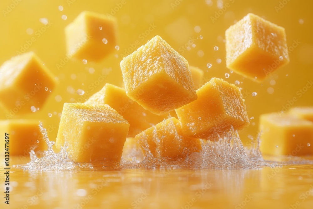 Cubes of mango cubes being dropped into the water Cubes of mango cubes being dropped into the water