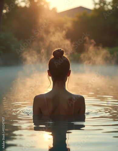 Tranquil woman enjoying misty sunrise in relaxing warm water spa for wellness retreat