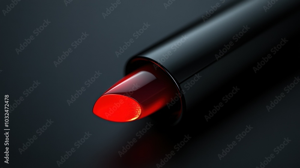 Close-up of a single red lipstick on a dark background. Close-up of a single red lipstick on a dark background.