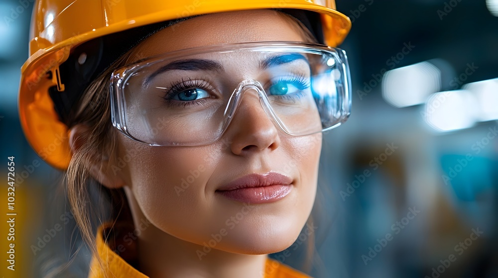 A professional woman in safety gear such as a hardhat and protective goggles is carefully conducting checks and inspections in an industrial workshop or factory setting A professional woman in safety gear such as a hardhat and protective goggles is carefully conducting checks and inspections in an industrial workshop or factory setting