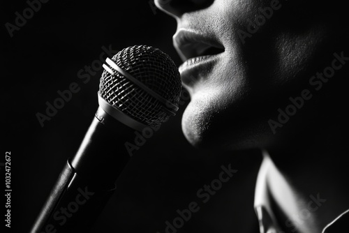 Black and white close-up of a singer with microphone in contrasting light