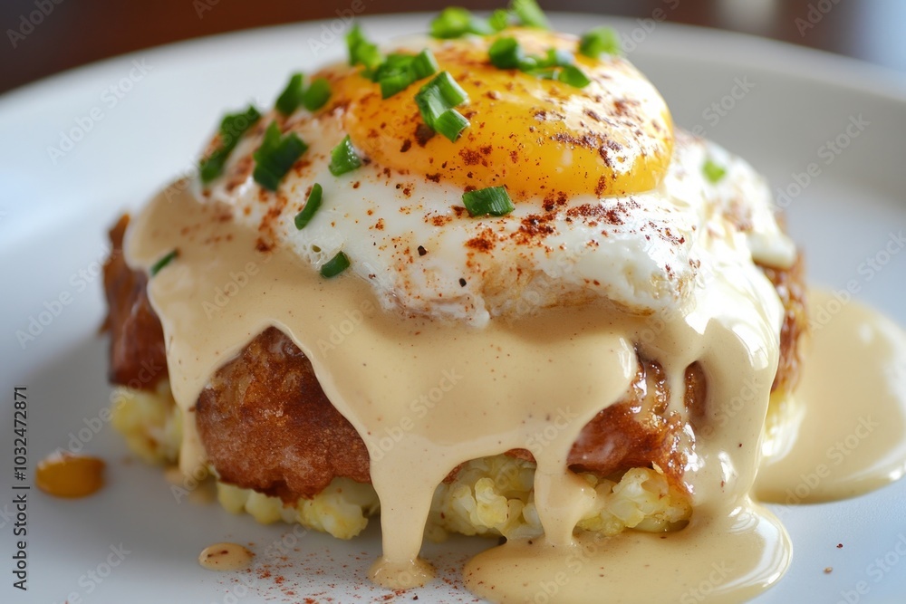 Gourmet fried egg on savory stack drizzled with creamy sauce and garnished with chopped chives Gourmet fried egg on savory stack drizzled with creamy sauce and garnished with chopped chives