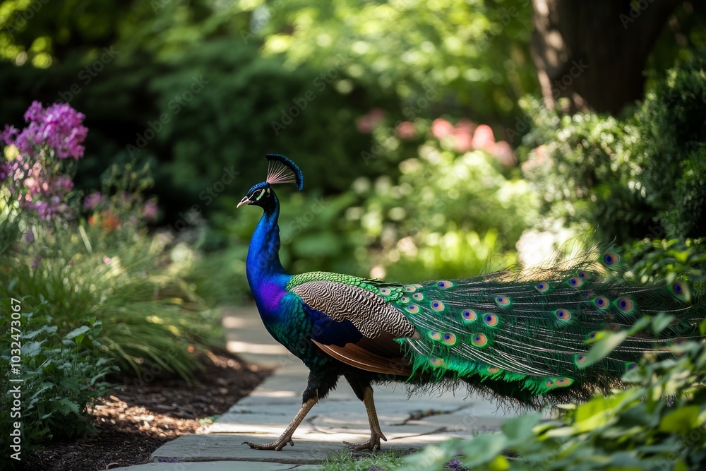 Obraz premium Majestic peacock strolling through lush garden pathway