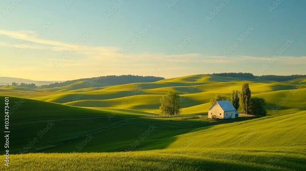 A serene landscape featuring rolling green hills and a small white house under a clear sky. A serene landscape featuring rolling green hills and a small white house under a clear sky.