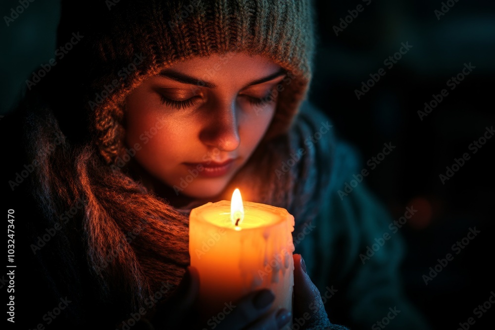 Young woman in winter attire holding a candle in dim light Young woman in winter attire holding a candle in dim light